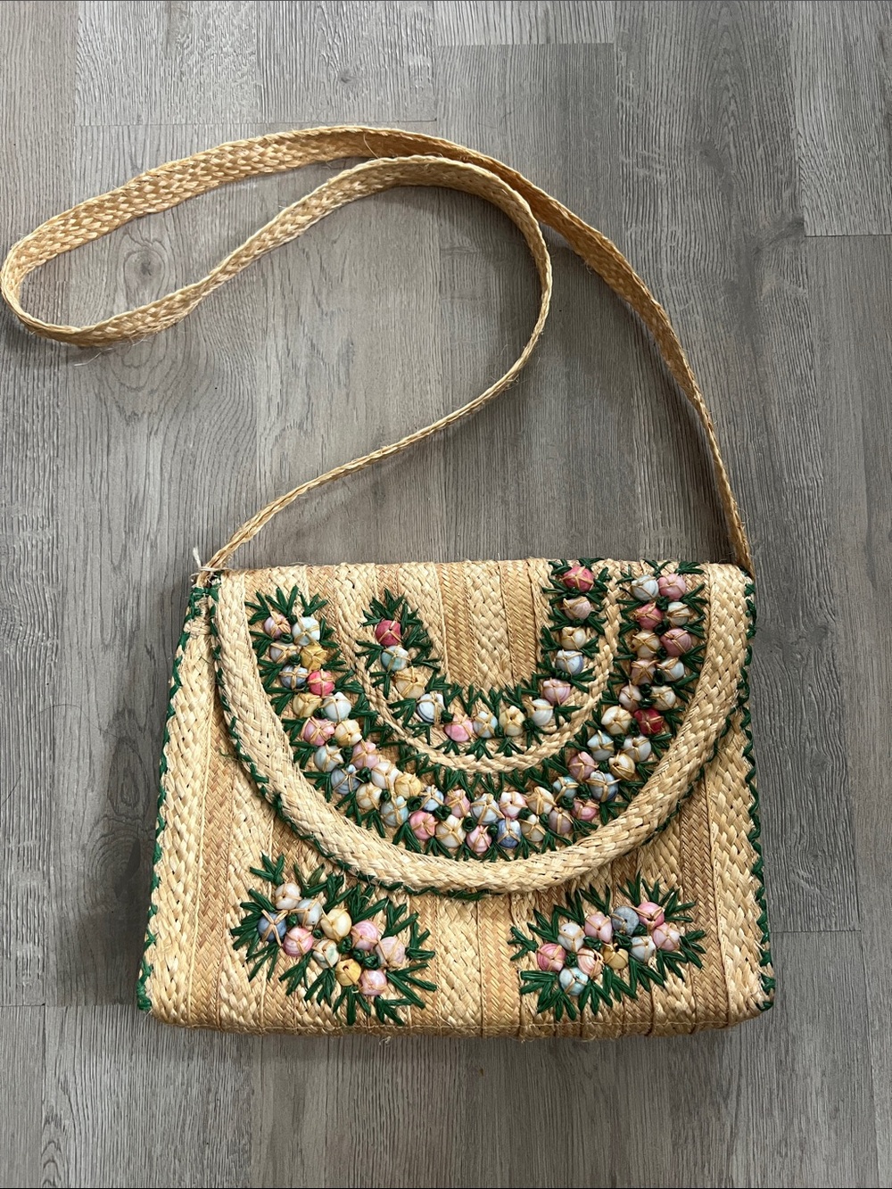 Vintage Handwoven Raffia Tote with Pastel Shells